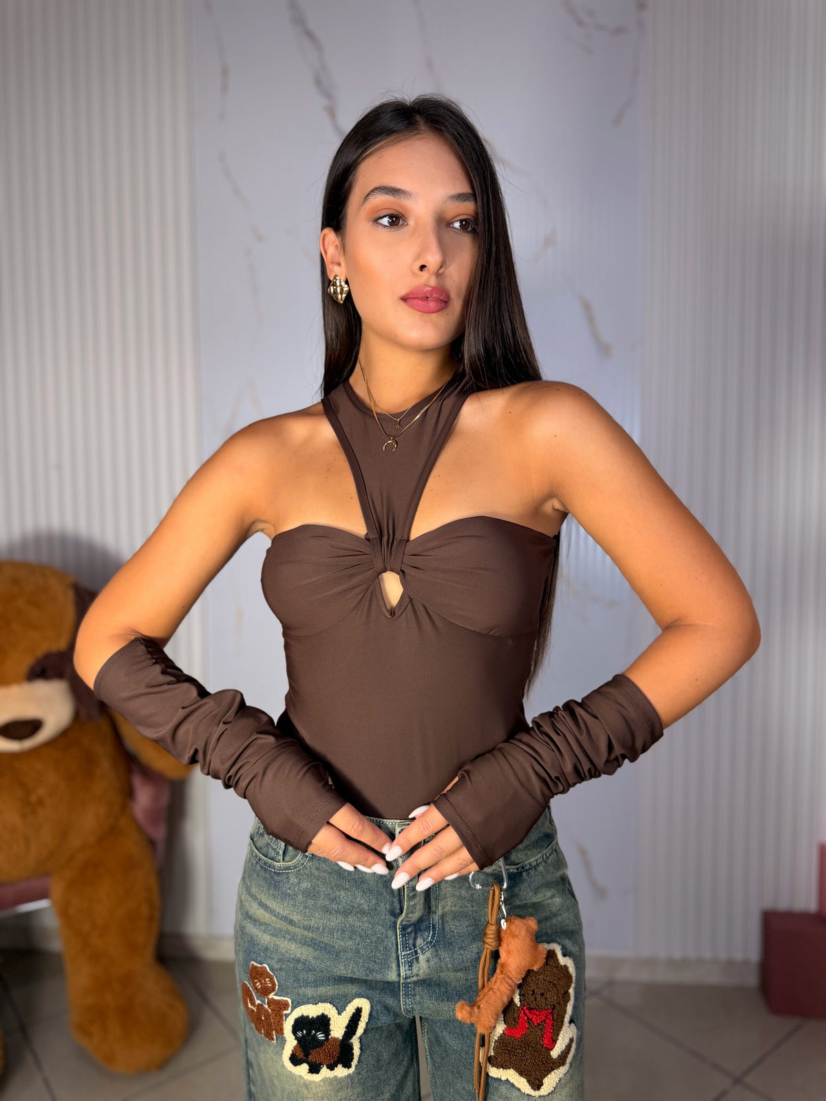 Body Con Manicotti Marrone